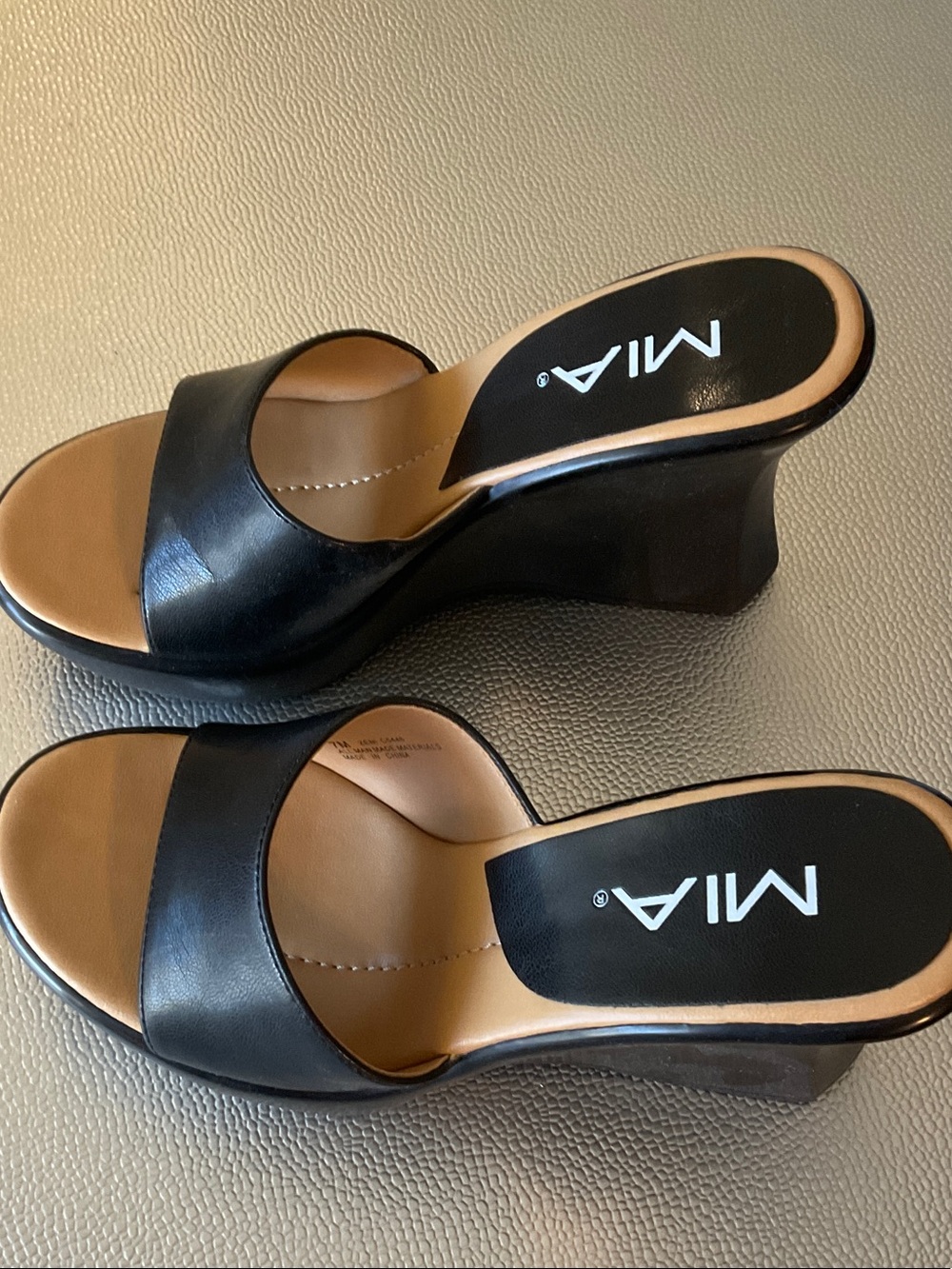 MIA Black Leather Slip-On Wedge Sandals with Tan Footbed